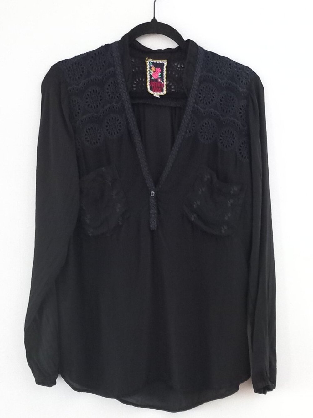 JOHNNY WAS black embroidered long sleeve blouse